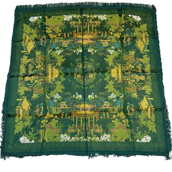 Vintage Reversible Asian-Inspired Fringed Silk Square Table Cover Tapestry - Picture 1 of 10